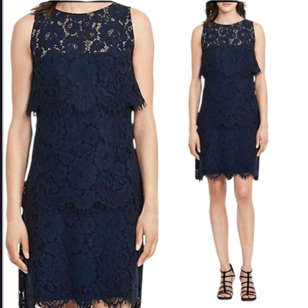 Lauren Ralph Lauren Navy Blue Lace Tiered Layered Dress Size 12‎